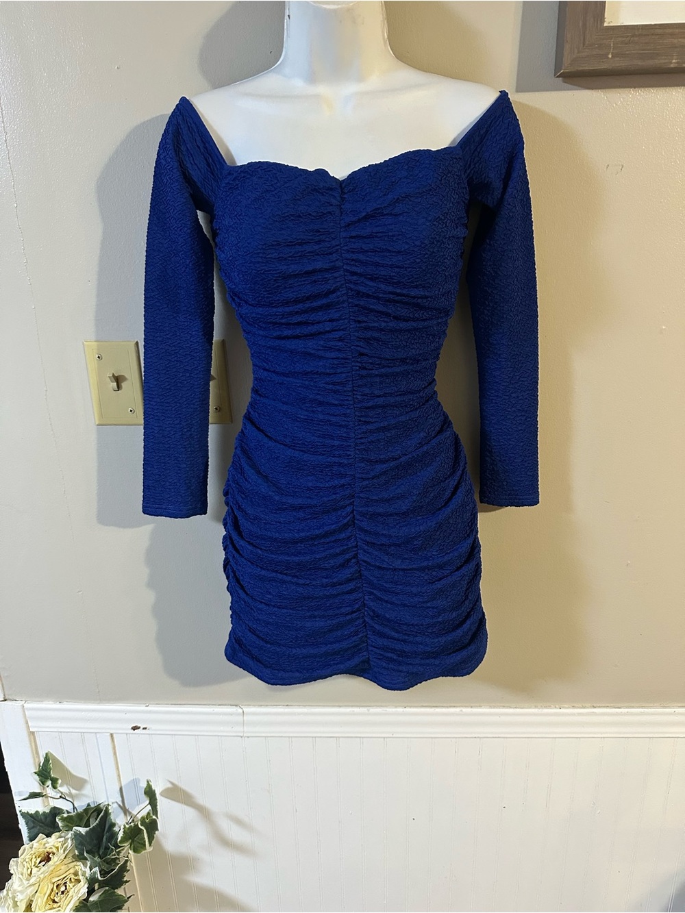 Showpo Cobalt Blue Off-Shoulder Ruched Mini Dress